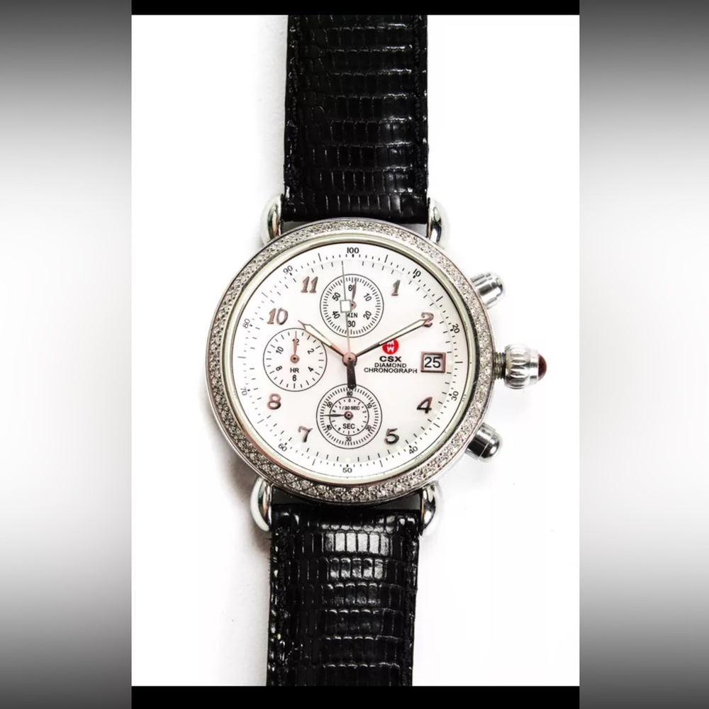 Michele Womens Stainless Steel Diamond Chronograph Round Watch With Straps